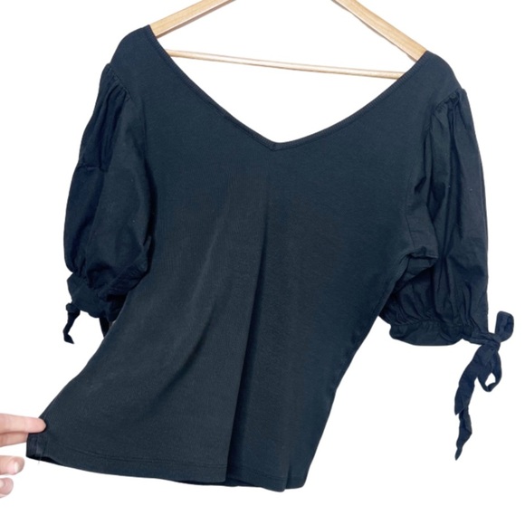Anthropologie Maeve Black Puff Sleeve V Neck Tie Cuff Knit Top Womens Large - Picture 9 of 16
